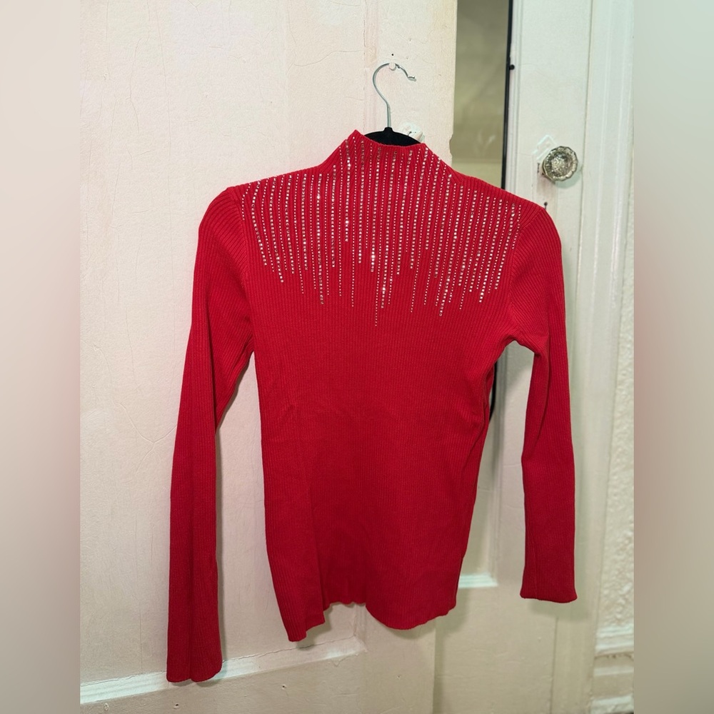 Red Embellished Ribbed Long-Sleeve Top with High Neck